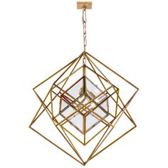 a golden chandelier hanging from the ceiling with three glass cubes in it