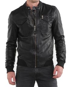 Men's Leather Jacket Genuine Lambskin Black Biker Motorcycle Jackets For Men MJ094