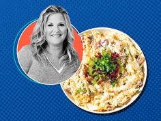 a woman is smiling next to a plate of food on a blue and orange background