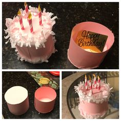 pink birthday cake with candles and decorations on it's top, next to other pictures