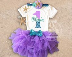 Birthday Outfit Purple, Aqua Mermaid, First Birthday Outfit, Little Mermaid Birthday, Mermaid Theme Birthday