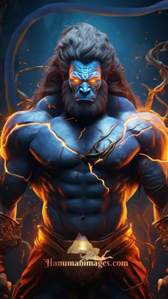 an image of a man in the form of a demon with blue skin and orange eyes