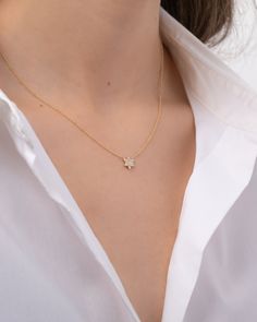 Adorn yourself with elegance in this stunning Star of David necklace, featuring genuine round-cut precious diamonds affixed to a delicate, 14K gold cable link chain. Made in L.A. Size of Star: Approx. 9mm Diamond Carat Weight: Approx. 0.13 ctw Total Weight: Approx. 2.5 grams Ships in 4-8 business days Rush order ships in 3-6 business days Comes gift ready in a beautiful custom jewelry box. Elegant Diamond Necklace With Star Of David Charm, Elegant Star Of David Necklace With Delicate Chain, Elegant Star-shaped Diamond Necklace For Gift, Elegant Star-shaped Diamond Necklace Gift, Elegant Star-shaped Diamond Necklace, Elegant Rose Gold Star Necklace, Elegant Star Of David Diamond Necklace, Wishbone Pendant Necklace, Diamond Flower Pendant