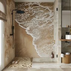 a bath room with a sink and a shower head mounted to the side of a wall