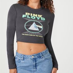 Forever 21 Pink Floyd Long Sleeve Crop Tee - Size: Large (Runs Small) - Color: Charcoal With Graphic Design - Knit Tee, Crew Neck - Cropped, Long Sleeve *Only Worn Once, Like New!* Summer Long Sleeve Crop Top With Letter Print, Spring Graphic Tee Crop Top With Stretch, Trendy Long Sleeve Crop Top With Graphic Print, Summer Graphic Print Long Sleeve Crop Top, Long Sleeve Graphic Print Crop Top For Summer, Trendy Fall Crop Top T-shirt, Trendy Crop Top T-shirt For Fall, 90s Inspired Crew Neck Top For Fall, Spring Crop Top With Graphic Print