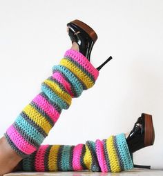 Bright striped neon leg warmers, stitched up in a super-soft and cozy crochet...Featuring brilliant yellow, hot pink, and aqua yarn- all accented with heather grey!!...Just the thing to add a punch of color and a touch of whimsy to a playful ensemble, Halloween costume, or 80's Party get-up!!If you would like to choose your own colors, please choose 'Custom Colors' from the drop down menu, and enter your choice in the message to the seller section at check out...Get 'em in your team or school co Diy Leg Warmers 80s, Trendy Multicolor Leg Warmers For Winter, Fitted Multicolor Leg Warmers For Winter, Fitted Multicolor Leg Warmers, Casual Multicolor Fitted Leg Warmers, Multicolor Stretch Leg Warmers For Fall, 80s Leg Warmers, Diy Leg Warmers, 80s Party Ideas