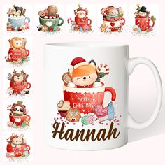 a coffee mug with christmas items on it and the words hamah written in different languages