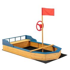 a wooden boat with a red flag on the front and blue bottom, is shown against a white background