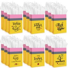 six yellow and pink shopping bags with the words teach love inspire written on each bag