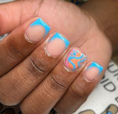 Very Short Acrylic Nails Designs, Colored Acrylic Nails Short, Short Summer Acrylic Nails Square, Nails For 11 Yrs Old Short, Black And Turquoise Nails, Colorful Summer Nails, Cute Overlay Nails, Acrylic Overlay