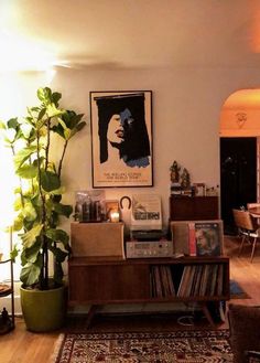 a living room filled with furniture and a plant