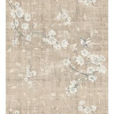 an old fashioned wallpaper with white flowers and leaves on the side, in neutral tones