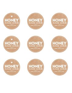 six honey stickers with the words honey in white and brown on each one side