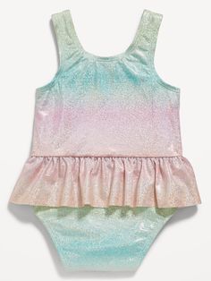 scoop neckline sleeveless arm openings ruffle overlay at waist snaps at inseam all-over pattern or print fitted through bodymachine wash according to the care instruction label Baby Size, Scoop Neckline, One Piece Swimsuit, Old Navy, One Piece, Pattern