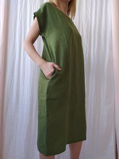 "Linen dress for women, it's elegant, minimalist, and is sure to compliment every occasion, from formal gatherings to outings with friends. Made from 100% European flax, length is ± 110 cm (43\") Before placing an order, check the approximate measurements given below. If you are unsure about your size or would like to adjust the length of the item, you could leave your personal measurements (height, bust, waist and hips) in a personalization box. SIZE and FIT Size XS Bust 85cm / Waist 66cm / Hip Elegant Cotton Dresses With Side Slits, Elegant Linen Dress With Side Slits, Linen Dress With Side Slits, Plain Cotton Shift Dress, Unlined Knee-length Linen Dress, Solid Linen Dress For Daywear, Plain Linen Spring Dress, Relaxed Fit Linen Dress For Daywear, Fitted Linen Dresses With Side Slits