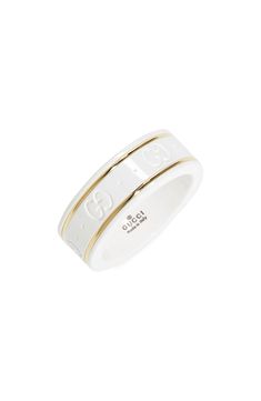 The emblematic double-G motif is embossed in this opulent white zirconia ring that's enriched by 18-karat gold trim for a subtle contrast. Style Name:Gucci Icon White Zirconia & 18K Gold Ring. Style Number: 6134008. Available in stores. Hermes Ring, Icon White, Ideal Closet, Gucci Rings, Cowgirl Jewelry, Zirconia Rings, 18k Gold Ring, Gold Rush, Ring Style