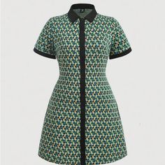 Brand New! Mod Plus Allover Print Contrast Trim Button Front Shirt Dress (Size 16/18) Super Cute Can Dress Up Or Down. Green Short Sleeve Mini Dress With Button Closure, Green Mini Dress With Button Closure And Short Sleeves, Green Mini Dress With Short Sleeves And Button Closure, Green Collared Mini Dress With Button Closure, Short Sleeve Mini Dress With Buttons For Work, Green Shirt Dress With Button Closure For Work, Mini Shirt Dress With Buttons For Work, Green Collared Mini Dress For Work, Collared Green Mini Dress For Work