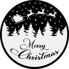 a black and white merry christmas sticker with santa flying over the forest in his sleigh