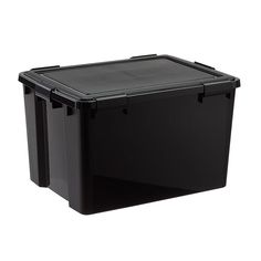 a black plastic storage box on a white background