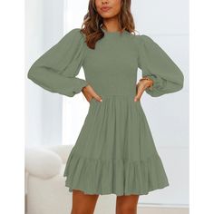 Army Green Ruffle Detail Smocked Long Sleeve Dress Casual Mini Dress With Lantern Sleeves, Knee-length Smocked Dress With Ruffle Hem, Knee-length Ruffled Smocked Dress For Brunch, Knee-length Ruffles Smocked Dress For Brunch, Knee-length Smocked Dress With Ruffles For Brunch, Casual Knee-length Smocked Dress With Ruffles, Fall Mini Dress With Smocked Bodice, Knee-length, Knee-length Mini Dress With Smocked Bodice For Fall, Fall Knee-length Mini Dress With Smocked Bodice