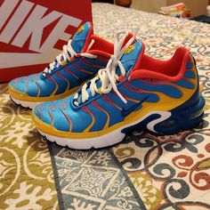 This Pair Of Nikes Are Brand New, Ordered For My Daughter And Got The Wrong Size, Love The Colors, Blueish, Yellow, Hot Pink N White. You Can Either Tie A Bow Or You Can Stuff Shoelaces Down In Your Shoes Like I Showed In Picture!! They Are A Big Kid Size 5, Which Is A Size 7-7.5 In Women's Shoes!! Blue Sneakers With Air Max Cushioning For Spring, Blue Air Max Sneakers For Spring, Blue Sneakers With Air Cushioning For Spring, Blue Sports Sneakers For Spring, Blue Sneakers For Sports In Spring, Shoe Goals, Nike Air Max Plus, Air Max Plus, For My Daughter