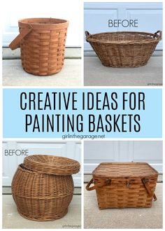 four different baskets with the words creative ideas for painting baskets above them and below it