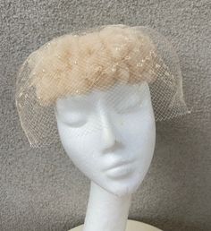 Vintage 60s pillbox formal hat beige netting with pearls size 21". No labels, good condition but netting has two holes ( last photo). Man made fabrics and 2 layers of netting. Measurements  Width 3" Width hat 8" Interior circumference 21" Netting drop from rim 3"  Weight 10 oz