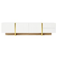 a white and gold shelf with two metal bars on it's sides, against a white background