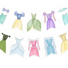 paper clothes hanging on a line with different colored dresses attached to the line, all in pastel colors