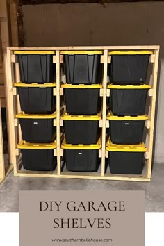 the garage shelving is organized with plastic bins