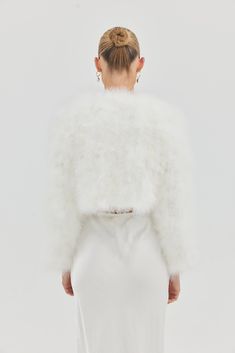 Luxurious bomber style Fur Jacket Cropped design Optional hook/eye closure Made from Marabou Feather. Hand Made. Lightweight. Outer Satin, Second Wedding, Feather Jacket, Suit Bag, Strong Shoulders, Second Weddings, Hook Eye, Crop Jacket, Fur Jacket