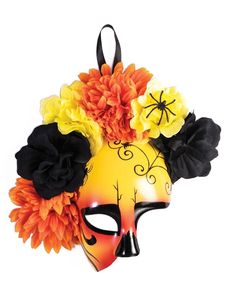 Accentuate your Day of the Dead costume with this intricate costume mask featuring orange and yellow colors with black details and faux flowers around the top! Day Of The Dead Mask, Dead Costume, Mountain Tattoo Simple, Costume Accessories Diy, Mountain Tattoo Design, Halloween Forum, Fleur Orange, Holiday Puzzle, Jaune Orange