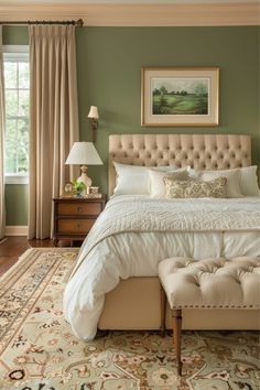 a bedroom with green walls and a large bed in the middle, along with a rug on the floor