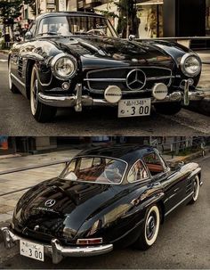 two pictures of an old black car on the street