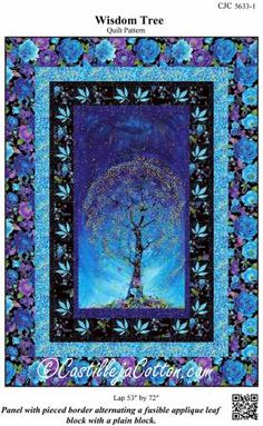 a quilted tree with blue flowers and leaves in the center, on a purple background