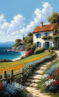 a painting of a house by the ocean with flowers on the steps leading up to it