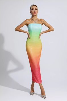 Take your sexiness to the extreme with the Regina Multicolored Sequin Bodycon Dress. The strapless design accentuates the shoulders and neckline, and the high rise adds texture and defines the waistline. Ombre sequined fabric hugs the body tightly. This piece will make you sparkle under the lights, perfect for party ev Colorful Party Dress, Miami Vice Party Outfit, Rainbow Party Dress, Svecane Haljine, Miami Dress, Sequined Fabric, Wedding Wardrobe, Multicolor Sequins, Sequin Midi Dress