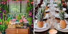 pineapples and pink flamingos are on the table at this tropical themed party