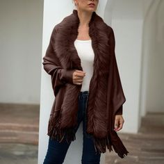 Product Description: Season:Winter Gender: Women Occasion:Casual Material:Polyester Pattern Type:Solid Sleeve Length:Long Thickness:Standard Package include:1 PC Women Sweater Coat Size:One Size Length:75-85cm/29.53-33.46''Sleeve:55cm/21.65'' Color: Brown.  Gender: female.  Age Group: adult. Brown Faux Fur Shawl, Casual Cape, Pocket Coffee, Womens Sweater Coats, Long Sweater Coat, Faux Fur Shawl, Knitted Cape, Gilet Long, Fur Shawl