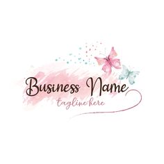 the logo for a business name with butterflies on it and pink watercolor paint splashs