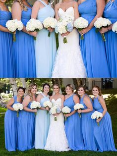 the bridesmaids in blue dresses are posing for pictures together and holding their bouquets