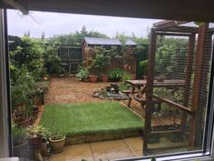 an outdoor area with green grass and potted plants in the background, as seen through a sliding glass door