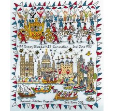 a cross stitch pattern with some people on horses and carriages in front of the city