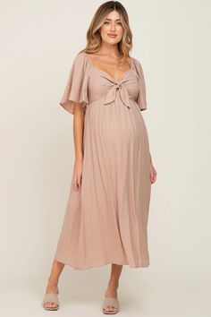 Mocha Front Tie Ruffle Sleeve Maternity Midi Dress – PinkBlush Maternity Midi Dress With Ruffles, Maternity Ruched Dress With Short Sleeves, Maternity Short Sleeve Ruched Dress, Maternity Midi Dress With Ruffles And Short Sleeves, Solid Color Short Sleeve Maternity Dress For Summer, Solid Color Short Sleeve Maternity Summer Dress, Maternity Empire Waist Ruched Dress, Maternity V-neck Dress With Ruched Details, Maternity V-neck Ruched Dress