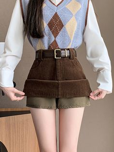 2024 Winter Corduroy Mini Skirt Women Vintage High Waist Wrap A-Line Skirts With Shorts Belt A Line Skirts, Vintage Ladies, Womens Skirt, Mini Skirts, High Waisted, Street Wear, Black