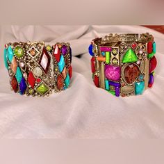 Two Bracelets Purchased In Egypt. Never Used Excellent Condition Unique In Every Way Colorful Mosaic Price For Both Vintage Multicolor Bangle Bracelets, Vintage Multicolor Cuff Bracelet Collectible, Purple Multi-stone Bohemian Jewelry, Bohemian Multicolor Large Beads, Gems, And Cabochons, Red Purple, Lady In Red, Womens Jewelry Bracelets, Egypt, Mosaic