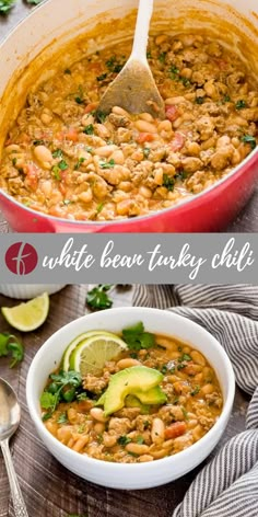 a white bowl filled with beans and avocado next to a silver spoon on top of a wooden table