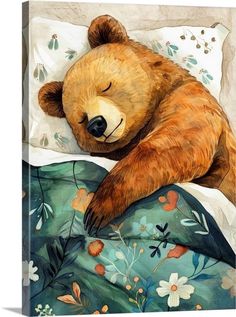 a painting of a brown bear sleeping on top of a green bed sheet with white and orange flowers