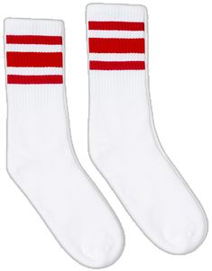 White athletic socks with three red stripes for men, women and kids. Trendy Red Cotton Socks, Casual Red Socks For Streetwear, Sporty Red Cotton Socks, Red Casual Sports Socks, Casual Red Sports Socks, Modern Tech, Striped Socks, Tube Socks, Vintage Vibe