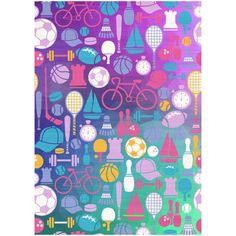 an abstract painting with many different things on it's surface, including bicycles and basketballs